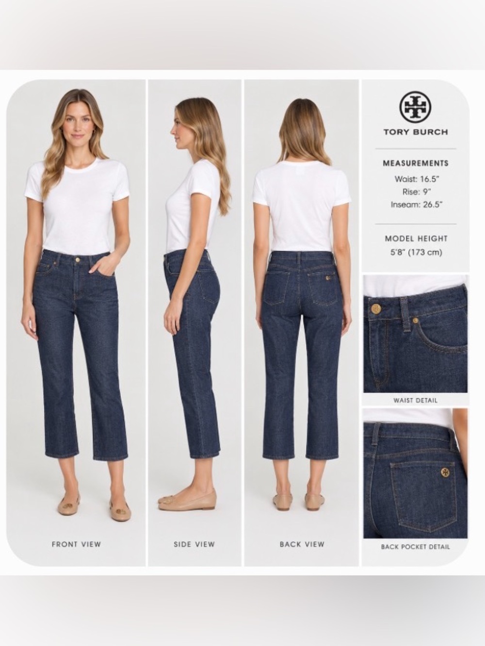 Tory Burch Dark Denim Straight Leg Cropped Jean 30